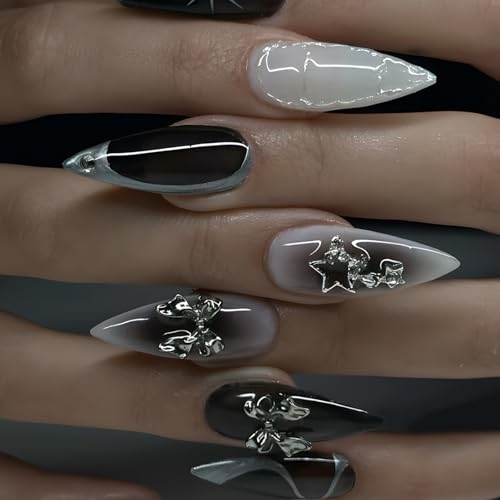 24 Stück Nägel zum Aufkleben Mittel Mandel, Schwarz Weiß French Press on Nails Stern & Bogen Designs Künstliche Fingernägel zum Aufkleben, Natürliche Acryl Falsche Nägel für Frauen Mädchen von Ceboic