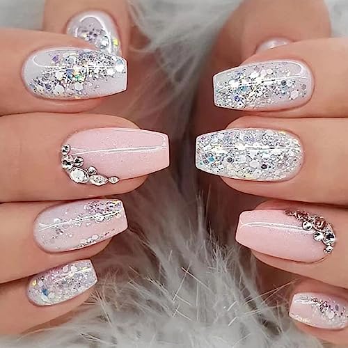 24 Stück Nägel zum Aufkleben Sarg Mittel Weiß Rosa French Tip Kunstnägel Press on Nails Vollabdeckung Natürliche Acryl Fingernägel Künstliche Nägel mit Strass für Frauen und Mädchen von Ceboic