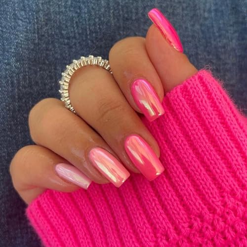 24 Stück Press on Nails Eckig, Mittellang Französische Nägel zum Aufkleben Acryl Full Cover Falsche Nägel, Square Künstliche Nägel Aurora Rosa Fingernägel Fake Nails für Frauen und Mädchen von Ceboic