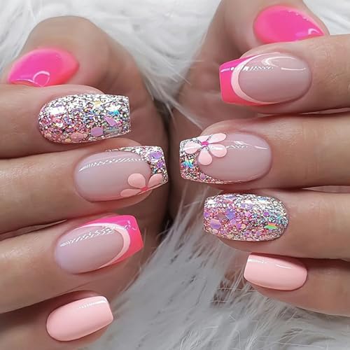 24 Stück Press on Nails Eckig, Mittellang Französische Nägel zum Aufkleben Acryl Full Cover Falsche Nägel mit Blume, Square Künstliche Nägel Glänzend Fingernägel Fake Nails für Frauen und Mädchen von Ceboic