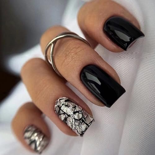 24 Stück Press on Nails Kurz, Eckig Nägel zum Aufkleben Schwarz Risse Full Cover Falsche Nägel, Französische Natural Acryl Künstliche Fingernägel für Frauen Mädchen DIY Maniküre Dekoration 24 Stück Press on Nails Kurz, Eckig Nägel zum Aufkleben Schwarz Risse Full Cover Falsche Nägel, Französische Natural Acryl Künstliche Fingernägel für Frauen Mädchen DIY Maniküre Dekoration von Ceboic