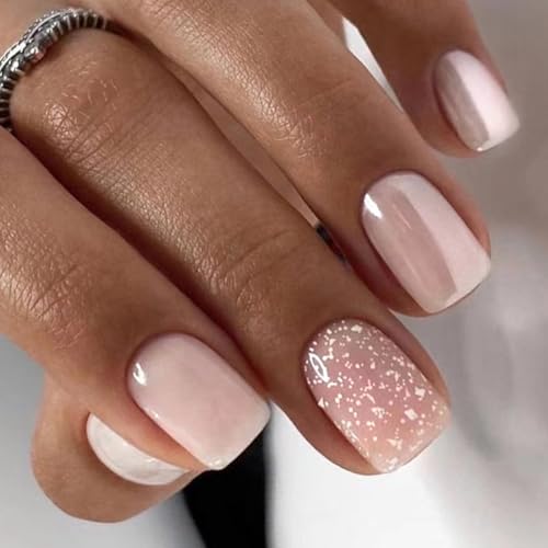 24 Stück Press on Nails Kurz Eckig, Französische Nude Rosa Acryl Kunstnägel Nägel zum Aufkleben, Glänzend Square Full Cover Künstliche Nägel Fingernägel Fake Nails für Frauen und Mädchen von Ceboic