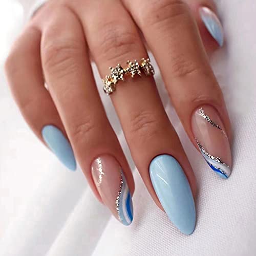 24 Stück Press on Nails Mandel Mittel, Französisches Kunstnägel Nägel Zum Aufkleben Full Cover Falsche Nägel mit Blaue Wellen Design, Acryl Künstliche Nägel für Frauen und Mädchen von Ceboic