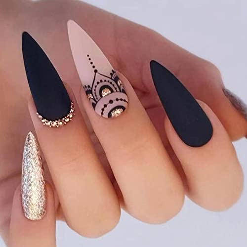 24 Stück Press on Nails Mandel Mittellang, Schwarz Matt French Künstliche Nägel, Stiletto Kunstnägel Nägel Zum Aufkleben mit Nagelkleber Aufkleber, Acryl Fingernägel Fake Nails für Frauen von Ceboic