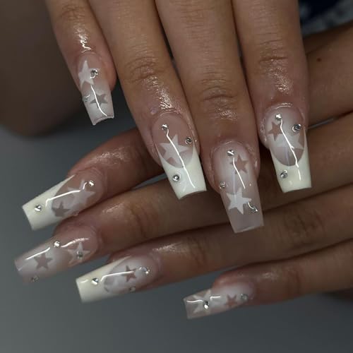 24 Stück Press on Nails Mittellang, Eckig Künstliche Nägel Zum Aufkleben Weiß Französisch Falsche Nägel, Glänzend Pentagramm Design Fingernägel Acryl Full Cover Kunstnägel für Frauen Mädchen von Ceboic