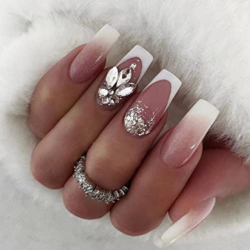 24 Stück Press on Nails Mittellang Sarg Falsche Nägel, Weiß Rosa French Künstliche Nägel mit Strass, Glänzend Acryl Kunstnägel Nägel Zum Aufkleben für Frauen und Mädchen von Ceboic