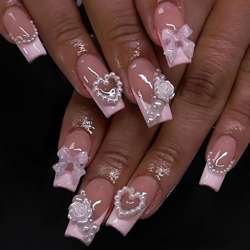 24 Stück Rosa French Press on Nails Lang, 3D Handgefertigte Kunstnägel Künstliche Nägel mit Schleife Perle Blume, Acryl Fingernägel zum Aufkleben, Natürliche Falsche Nägel für Frauen Mädchen von Ceboic