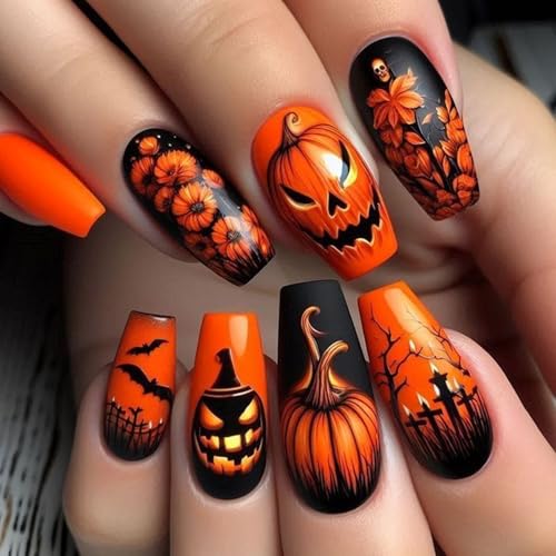 24 Stück Schwarz Orange Press on Nails, Mittel Sarg Nägel zum Aufkleben, Glänzend Kunstnägel mit Totenkopf Kürbis Fledermaus Design, Blumen Acryl Full Cover Künstliche Fingernägel für Frauen Mädchen von Ceboic