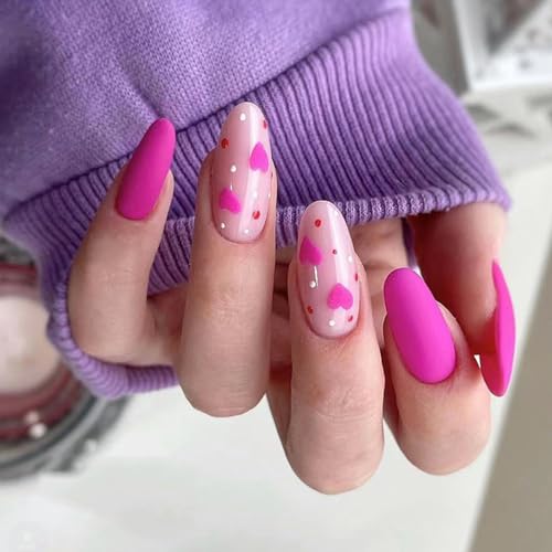 24 Stück Valentinstag Künstliche Nägel Mandel Mittel Falsche Nägel Französische Rosenrot Kunstnägel Press on Nails mit Liebesherz Designs Acryl Fingernägel Nägel zum Aufkleben für Frauen und Mädchen von Ceboic