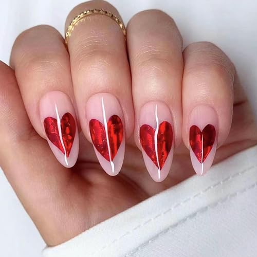 24 Stück Valentinstag Mandel Künstliche Nägel Mittel Falsche Nägel Französische Nude Rot Acryl Press on Nails 12 Größen Oval Liebesherz Kunstnägel Nägel Zum Aufkleben für Frauen Mädchen von Ceboic