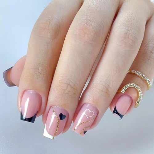 24 Stück Valentinstag Press on Nails Kurz, Schwarz Liebesherz Eckig French Künstliche Nägel, Gold Glänzend Acryl Full Cover Nägel Zum Aufkleben Fingernägel Kunstnägel Fake Nails für Frauen & Mädchen von Ceboic