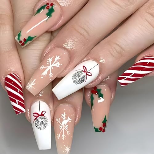 24 Stück Weihnachten Künstliche Nägel Lang, Sarg French Kunstnägel Press on Nails Silber Schneeball Nägel zum Aufkleben, Acryl Full Cover Festival Falsche Nägel für Frauen Mädchen von Ceboic