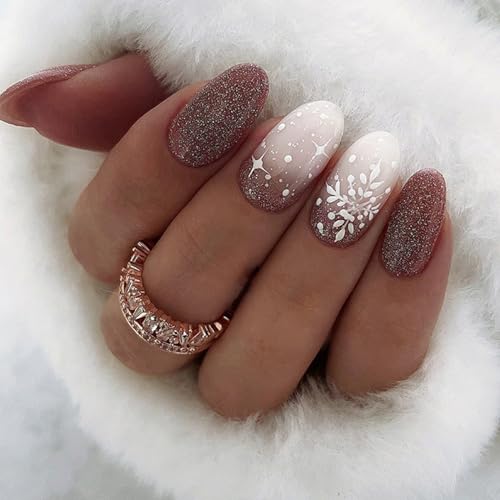 24 Stück Weihnachten Künstliche Nägel Mandel Mittel Falsche Nägel Französische Weiß Schneeflocken Kunstnägel Press on Nails Acryl Full Cover Fingernägel Nägel zum Aufkleben für Frauen und Mädchen von Ceboic