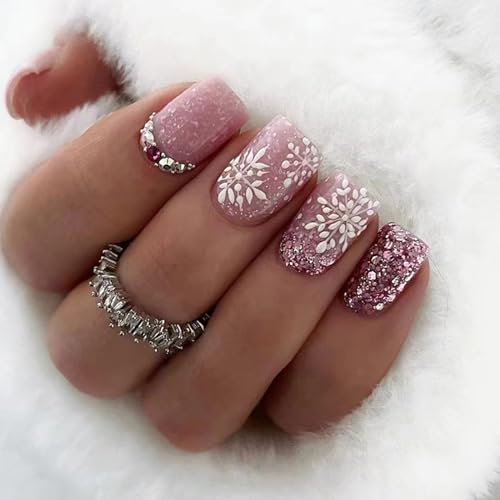 24 Stück Weihnachten Nägel zum Aufkleben Kurz, Eckig French Künstliche Nägel Rosa Glitzer Press on Nails mit Strass Schneeflocke, Acryl Full Cover Falsche Nägel Fingernägel Fake Nails für Frauen von Ceboic