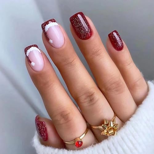 24 Stück Weihnachten Nägel zum Aufkleben Kurz, Eckig Künstliche Nägel Rot French Press on Nails mit Weihnachten Smütze, Acryl Full Cover Falsche Nägel Fingernägel Fake Nails für Frauen von Ceboic