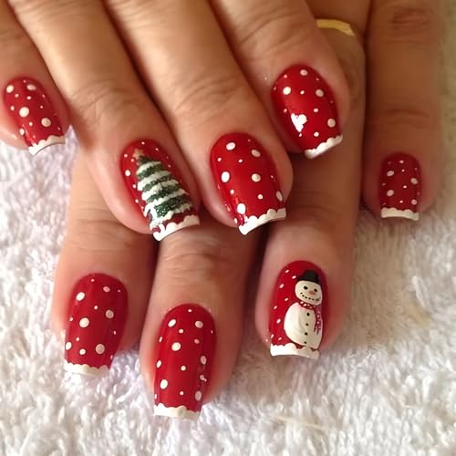 24PCS Weihnachten Rot Nägel zum Aufkleben Kurz Eckig, Winter Falsche Nägel French Press on Nails mit Niedlich Schneemann Weihnachtsbaum Design, Glossy Acryl Fingernägel Künstliche Nägel für Frauen von Ceboic