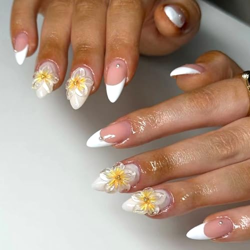 24Pcs French Press on Nails Mandel Mittel, Nude Pink Französisch Nägel zum Aufkleben, 3D Sonnenblume Full Cover Kunstnägel Selbstklebende, Stiletto Acryl Künstliche Fingernägel für Frauen von Ceboic