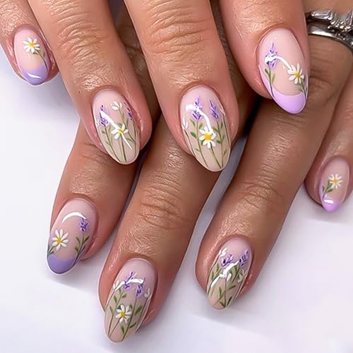 24Pcs Press on Nails Mittel Mandel, Lila Gänseblümchen Französisch Nägel zum Aufkleben, Full Cover Acryl Kunstnägel Selbstklebende, Soft Gel Frühling Sommer Künstliche Nägel für Frauen Mädchen von Ceboic