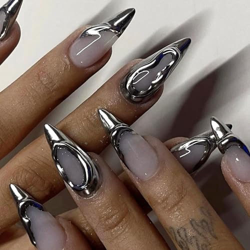 24Pcs Press on Nails Mittel Mandel, Silber Französisch Nägel zum Aufkleben, Full Cover Acryl Kunstnägel Selbstklebende, Soft Gel Künstliche Fingernägel, Stiletto Fake Nails für Frauen Nagelkunst von Ceboic