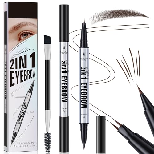 Augenbrauenstift Wasserfest, 2-in-1 Dual-Ended 3D Microblading Augenbrauenstift mit 2 Mikrogabelspitzen, Magischer Langlebiger Wischfest Eyebrow Pencil, Erzeugt Natürliche Augenbrauen (Dunkelbraun) von Ceboic