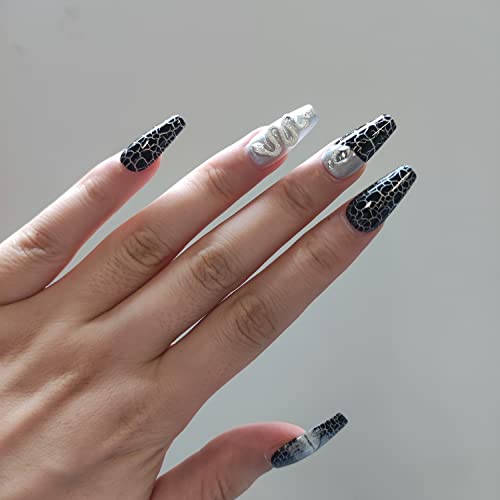 CEBOIC Nägel Zum Aufkleben, Press on Nails Lange Ballerina Gelnägel, Handbemalte Wiederverwendbar Kunstnägel Schwarzer mit Riss und Schlange für Mädchen und Frauen Party und Urlaub,10st Nagels Set von Ceboic