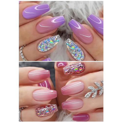 Ceboic 2 Packs (48 Pcs) Künstliche Nägel Zum Aufkleben Mittellang, Sarg French Press on Nails Full Cover Kunstnägel Nägel, Rosa Lila Gradient Glitzer Acryl Nagelspitze Glossy Falsche Nägel für Frauen von Ceboic