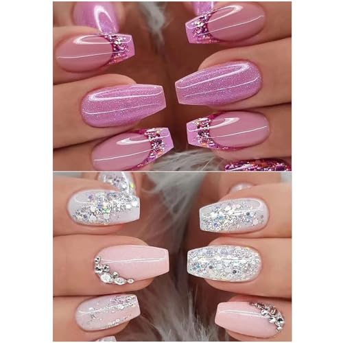 Ceboic 2 Packs (48 Pcs) Künstliche Nägel Zum Aufkleben Mittellang, Sarg French Press on Nails Full Cover Kunstnägel Nägel, Rosa Weiß Glitzer Acryl Nagelspitze Glossy Lila Falsche Nägel für Frauen von Ceboic