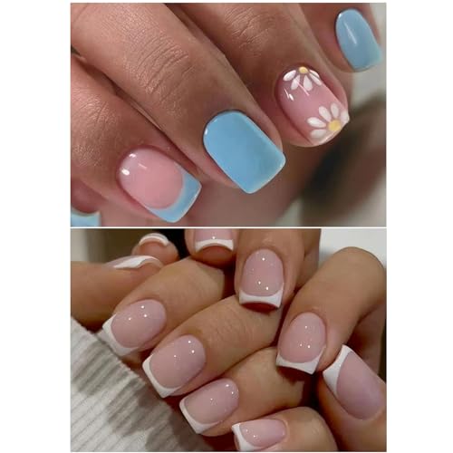 Ceboic 2 Packs (48 Pcs) Press on Nails Kurz, Square French Künstliche Nägel zum Aufkleben Full Cover Kunstnägel mit Blumen Design, Eckig Rosa Glitzer Acryl Fingernägel Fake Nails für Frauen & Mädchen von Ceboic