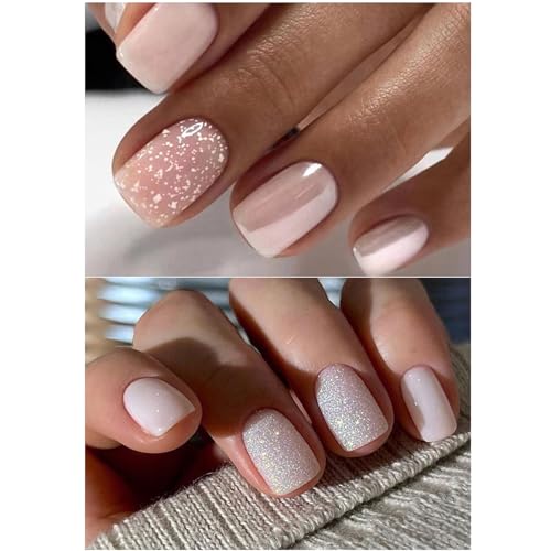 Ceboic 2 Packs (48 Pcs) Press on Nails Kurz, Square Künstliche Nägel Französische Rosa Glitzer Kunstnägel Nägel Zum Aufkleben mit Design, Eckig Acryl Fingernägel Fake Nails für Frauen & Mädchen von Ceboic