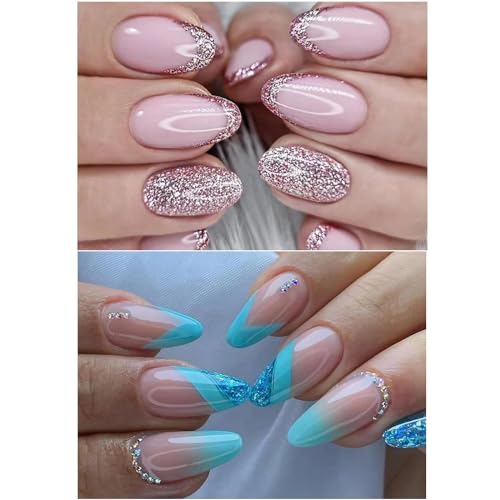 Ceboic 2 Packs (48 Pcs) Press on Nails Mandel Mittel, French Künstliche Nägel zum Aufkleben Full Cover Kunstnägel, Rosa Glitzer Strass Design Acryl Fingernägel Fake Nails für Frauen & Mädchen von Ceboic
