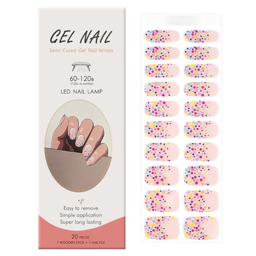 Ceboic 20PCS Halbgehärtete Gel Nagellack Aufkleber, Funfetti UV Gel Nagelfolie Nagellackstreifen, Langanhaltend Nagelfolien Selbstklebende Gellack Wraps für Nagel, UV/LED-Lampe Erforderlich Cured von Ceboic