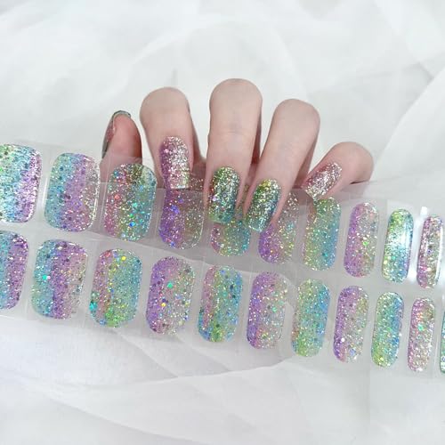 Ceboic 22 Stück Halb Ausgehärtete UV Gel Strips, Regenbogen Pailletten Full Wraps Nagelaufkleber, Französisch Nagelfolien Selbstklebend Salonqualität Gel Nagellack Aufkleber für Finger & Fußnägel von Ceboic