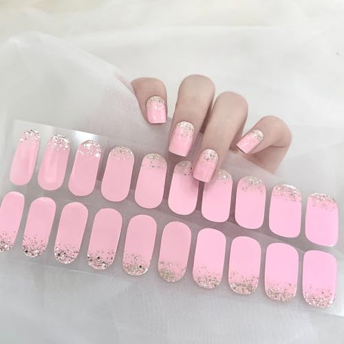 Ceboic 22PCS UV Gel Nagelfolie, Halbgehärtete Gel Nagellack Aufkleber, Französische Glitzer Rosa Nagelfolie Selbstklebend, Full Wraps Nagellackstreifen für Frauen Mädchen Nageldekoration von Ceboic