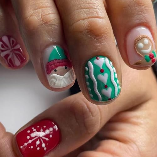 Ceboic 24 Pcs Weihnachten Nägel Zum Aufkleben Kurz Eckig, Rot Grün French Press on Nails mit Weihnachtsmann & Lebkuchenmann Design, Natürliche Künstliche Nägel Acryl Full Cover Kunstnägel für Frauen von Ceboic