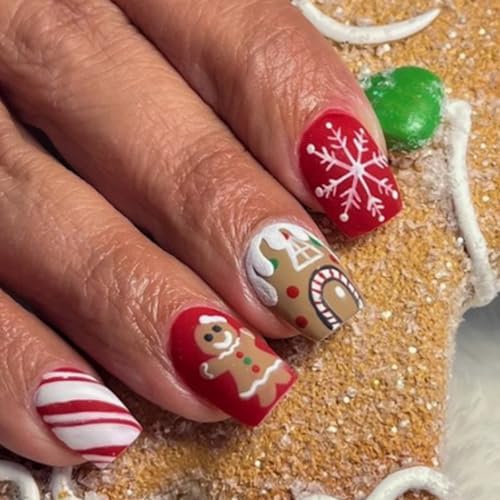Ceboic 24 Pcs Weihnachten Press on Nails Kurz, Eckig Künstliche Nägel Acryl French Nägel Zum Aufkleben mit Lebkuchenmann Schneeflocken Design, Full Cover Fingernägel Kunstnägel Fake Nails for Frauen von Ceboic