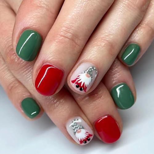 Ceboic 24 Pcs Weihnachten Press on Nails Kurz Eckig, Rot Grüne French Künstliche Nägel Natürlich Nägel Zum Aufkleben mit Weihnachtsmann Design, Oval Full Cover Kunstnägel Fake Nails für Frauen Mädchen von Ceboic