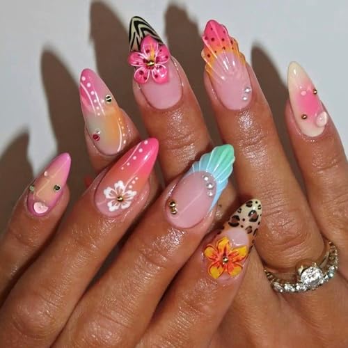 Ceboic 24 Stück 3D Handgefertigt Nägel Zum Aufkleben Mandel, French Kunstnägel Press on Nails Mittel, Glossy Künstliche Nägel mit Blumen Strasssteine, Sommer Strand Acryl Fake Nails für Frauen Mädchen Ceboic 24 Stück 3D Handgefertigt Nägel Zum Aufkleben Mandel, French Kunstnägel Press on Nails Mittel, Glossy Künstliche Nägel mit Blumen Strasssteine, Sommer Strand Acryl Fake Nails für Frauen Mädchen von Ceboic