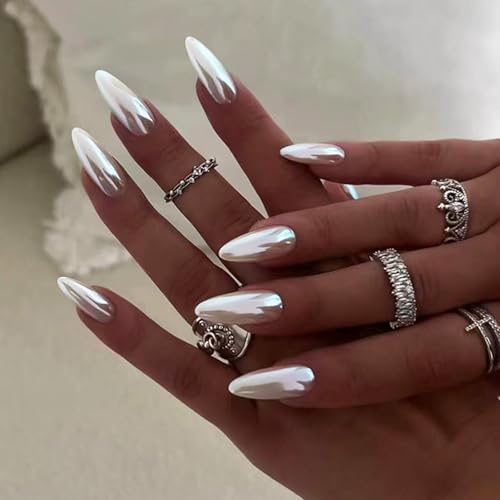 Ceboic 24 Stück Aurora Silber Press on Nails Mittel Mandel Nägel Zum Aufkleben Einfarbig French Fake Nails Wiederverwendbares Künstliche Nägel Almond Acryl Full Cover Kunstnägel für Frauen von Ceboic
