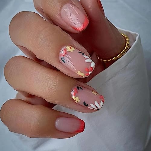 Ceboic 24 Stück Blumen Press on Nails Eckig Kurz, French Colorful Künstliche Nägel Ballerina Falsche Nägel mit Designs, Acrylnägel Nägel zum Aufkleben für Frauen und Mädchen von Ceboic