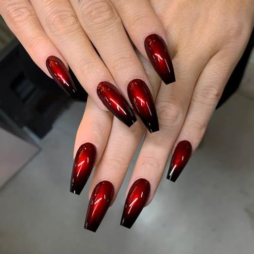 Ceboic 24 Stück Coffin Nägel Zum Aufkleben Lang Rot Schwarz Farbverlauf Künstliche Nägel French Ballerina Kunstnägel Press on Nails Acryl Fingernägel Fake Nails mit Nagelkleber Aufkleber für Frauen von Ceboic