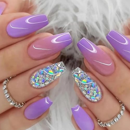 Ceboic 24 Stück Coffin Nägel Zum Aufkleben Mittel Lila Glitzer French Kunstnägel Press on Nails mit Silber Pailletten Design Full Cover Acryl Künstliche Nägel Square Fingernägel Fake Nails für Frauen von Ceboic