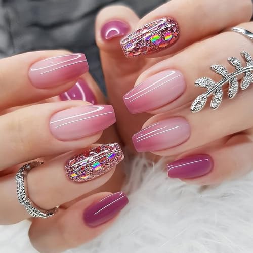 Ceboic 24 Stück Coffin Nägel Zum Aufkleben Mittellang Lila Gradient French Kunstnägel Press on Nails Vollständige Abdeckung Acryl Künstliche Nägel Square Fingernägel Fake Nails für Frauen von Ceboic