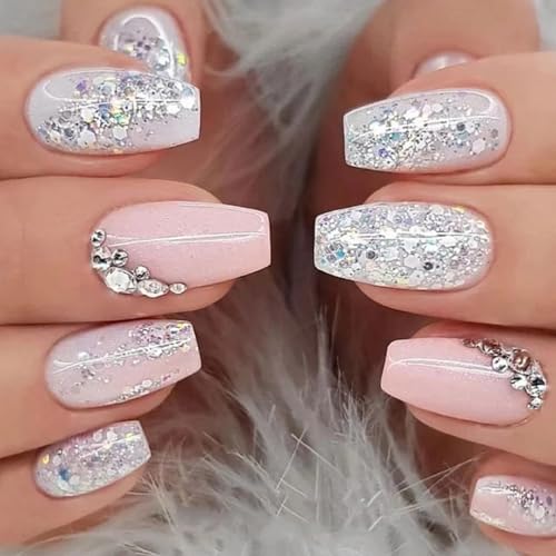 Ceboic 24 Stück Coffin Press on Nails Mittellang Rosa Weiß Nageltips Glänzend Kunstnägel zum Aufkleben French Ballerina Künstliche Nägel mit Strass Design Acryl Fingernägel Fake Nails für Frauen von Ceboic