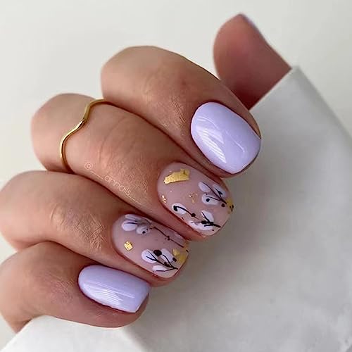 Ceboic 24 Stück Eckig Nägel Zum Aufkleben Kurz, Lila Blume French Künstliche Nägel, Glossy Kunstnägel Press on Nails mit Designs Acryl Fingernägel Fake Nails für Frauen Mädchen Party und Heimat DIY von Ceboic