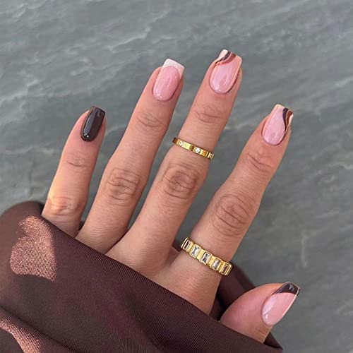 Ceboic 24 Stück Falsche Nägel Viereckig Kurz, French Braune Welle Press on Nails Kunstnägel Nägel Zum Aufkleben mit Klebesticker, Acryl Fingernägel Fake Nails für Frauen und Mädchen von Ceboic