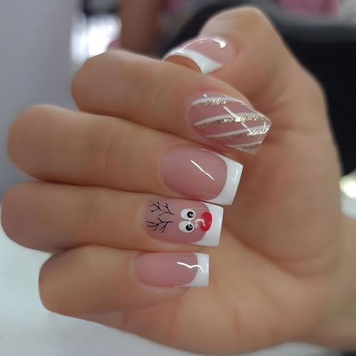 Ceboic 24 Stück Französische Nägel Zum Aufkleben Kurz, Eckig Künstliche Nägel Weihnachten Elch Press on Nails, Glossy Nude Rosa Kunstnägel Selbstklebend Acryl Fingernägel Fake Nails für Frauen von Ceboic