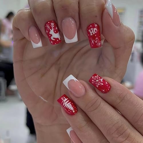 Ceboic 24 Stück Französische Nägel Zum Aufkleben Kurz, Eckig Künstliche Nägel Weihnachten Schneeflocke Elch Press on Nails, Glossy Kunstnägel Selbstklebend Acryl Fingernägel Fake Nails für Frauen von Ceboic