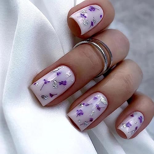 Ceboic 24 Stück French Künstliche Nägel, Kurze Eckig Nägel zum Aufkleben Lila Blumen Ballerina Press on Nails, Acryl Kunstnägel Nägel Fingernägel Fake Nails für Frauen und Mädchen DIY Salon von Ceboic