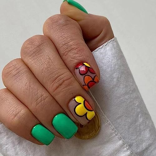 Ceboic 24 Stück French Künstliche Nägel, Kurze Nägel zum Aufkleben Cartoon Blumen Ballerina Press on Nails, Eckig Acryl Full Cover Fingernägel Fake Nails für Frauen und Mädchen von Ceboic