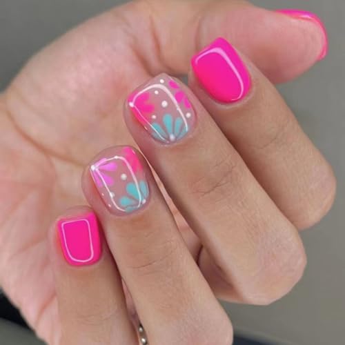 Ceboic 24 Stück French Künstliche Nägel Kurz Square, Blaue Rosa Blüten Press on Nails mit Design, Acryl Full Cover Fake Nägel, Abnehmbare Fingernägel Zum Aufkleben für Frauen und Mädchen von Ceboic